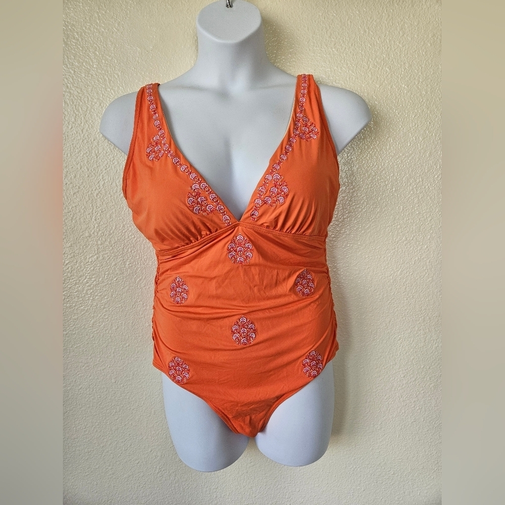 Sundance - Women's XL Orange One-Piece Swimsuit with Pink Floral Embroidery - Picture 2 of 11